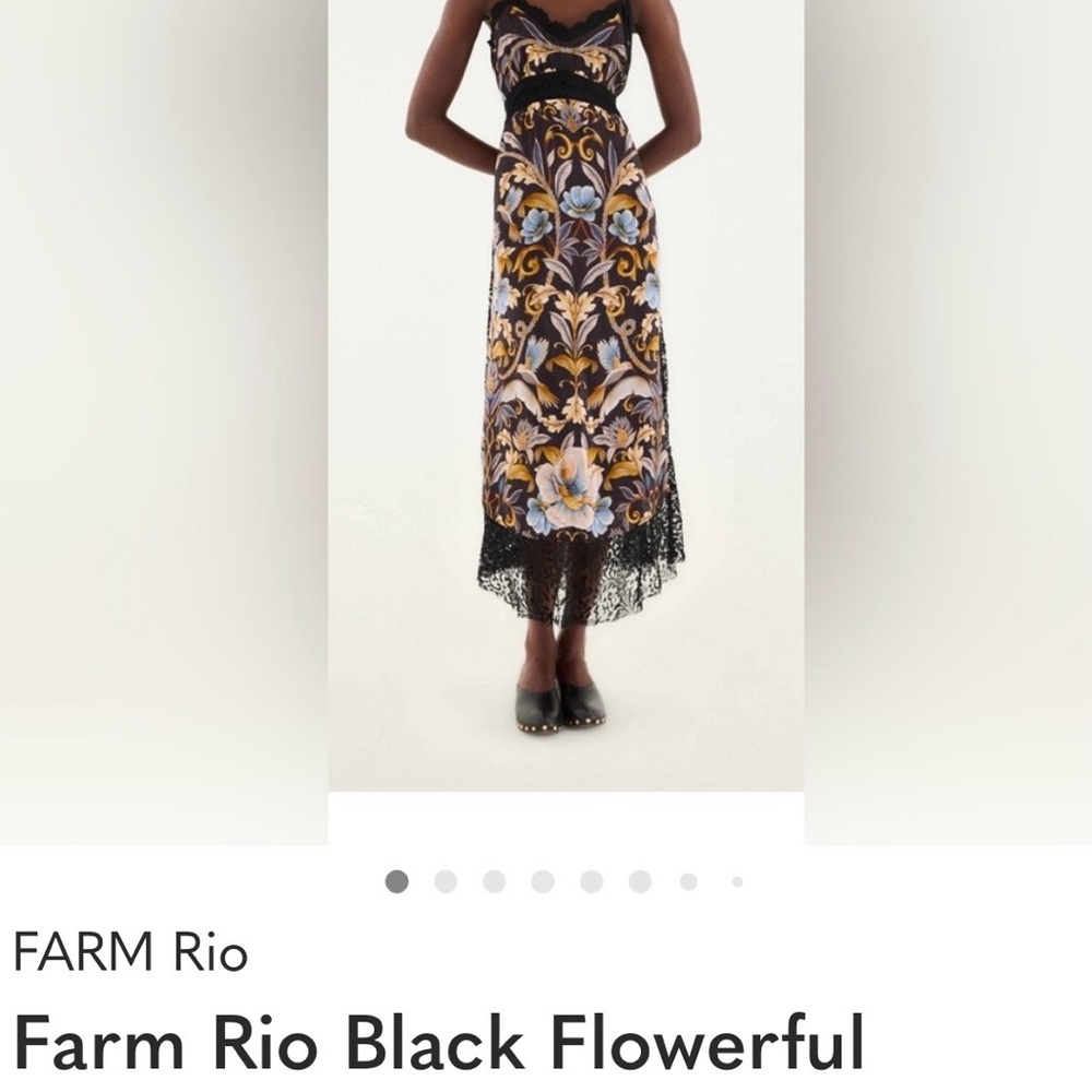 FARM Rio Black Floral Lace-Trimmed Midi Dress with Blue and Gold Accents